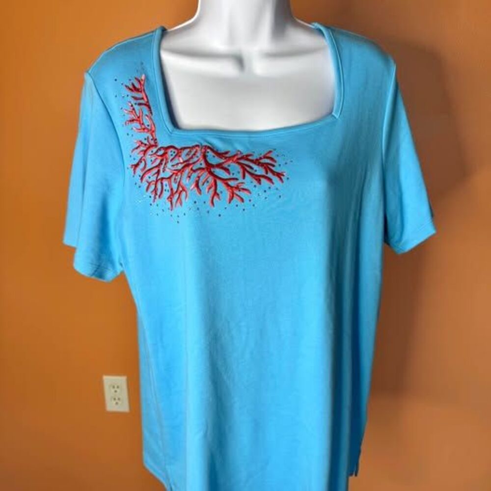 Quacker Factory Blue Coral Embroidered Rhinestone Top L NWT